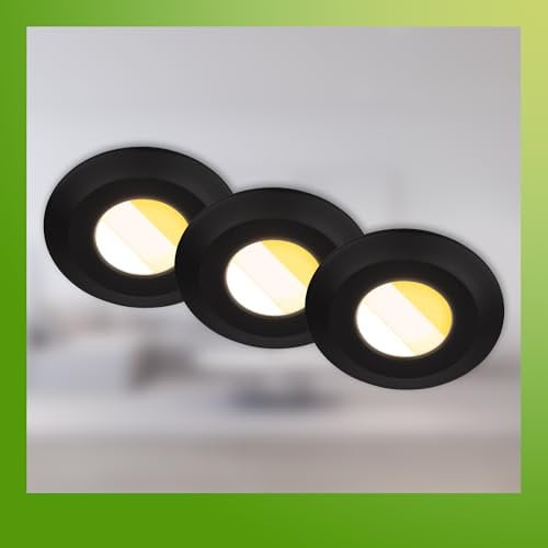 BRILONER - 3er Set LED Bad Einbaustrahler 230V Gehäuse 50% recycelt, Farbtemperaturwechsel, IP44, Ra90, LED Spot, flach, Deckenspots, Einbauleuchten, Badezimmer, 68mm, 90x30mm (DxH), Schwarz