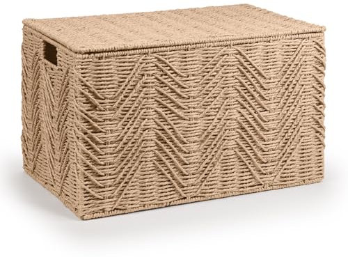 Woodluv Storage Basket Trunk Chest, Woven Storage Basket with Lid, Storage organiser, Basket Storage Bedding, Blanket & Toy Box, Medium - Khaki