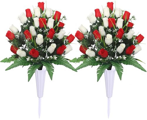 Lodou Artificial Cemetery Flowers,Outdoor Grave Decorations Roses,Arrangements Bouquet with Cemetery Vase, Silk Flowers for Long-Lasting Remembrance (Red)