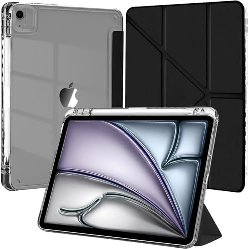 EspZanthic Funda para iPad Air 13 Pulgadas M3/M2 (2025/2024) / iPad Pro 12.9 2022/2021/2020/2018 con Portalápiz, 6 en 1 Ángulos de Visión Múltiples, Tapa Trasera Transparente