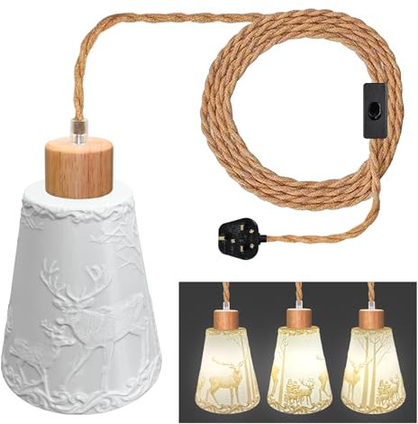 LQUNFYL Hemp Rope Plug in Pendant Light Cord Kit, E27 Base, 5M Lamp Cable with Switch and 3D Printing Deer Pattern Lampshade, Plug in Ceiling Light, Rope Light Fitting, Hanging Light Cord for Indoor