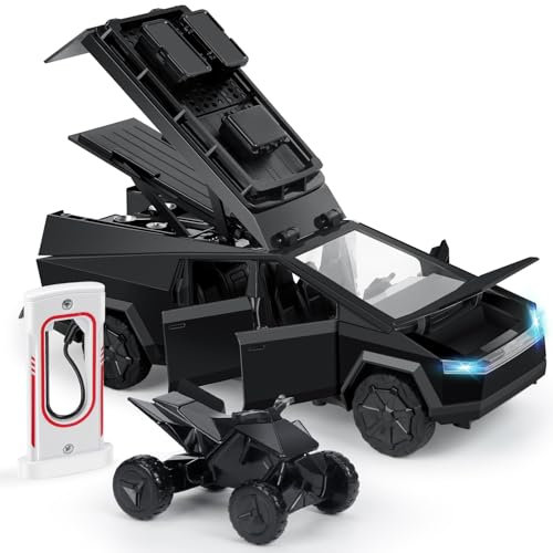 MODVKVK Tesla Cybertruck 1:24 Modellauto mit Motorrad und Ladestation, Mehrstöckiges Camping-Display, Spielzeugauto Trucks mit Licht & Musik, Zurückziehfunktion, Tolles Kinder ab 3 Jahren (Schwarz)