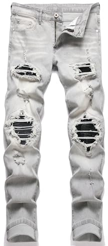 OIIIO Men's Patch Ripped Stretch Regular Fit Jean, 6664 Grey, 34