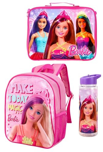 Barbie Zaino, borsa per il pranzo e bottiglia d'acqua, borsa per la scuola per ragazze con contenitore termico e bottiglia a tenuta stagna, zaino Barbie per prescolare e primi anni scolastici, rosa,
