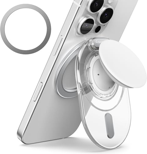 Sinjimoru Handygriff Ständer, kompatibel mit MagSafe, Adapterring inklusive, 3000G Kickstand für iPhone 17/16/15/14/13. M-Tap Tok Stand Transparent Weiß