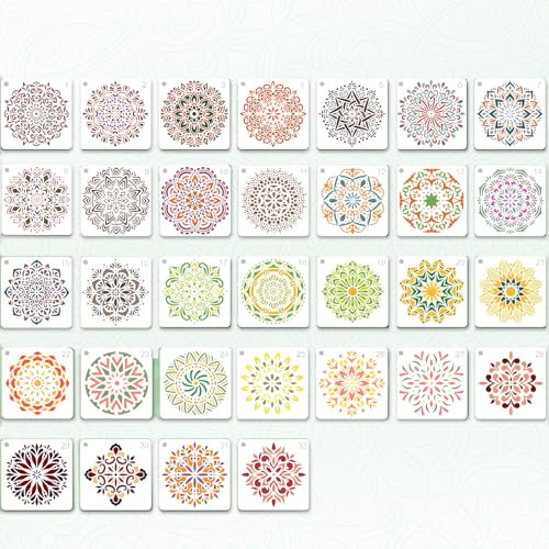 32 Pcs Mandala Stencil Set 12 x 12 cm PET Painting Templates for DIY Crafts Furniture Textile Design Scrapbooking Wood Fabric and Creative Projects with Hanging Hole