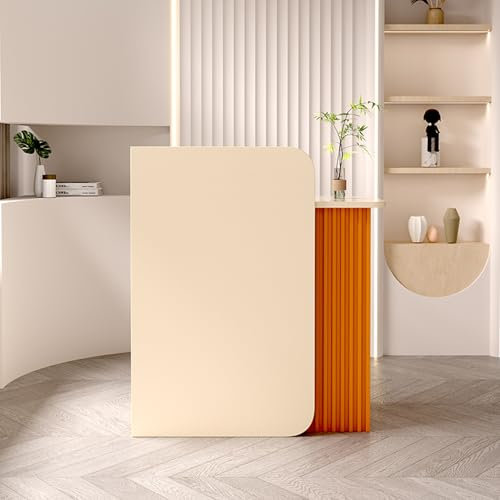 L-förmiger moderner Empfangstisch mit Holztheke für Schönheitssalon, Mandel/Orange, 60 x