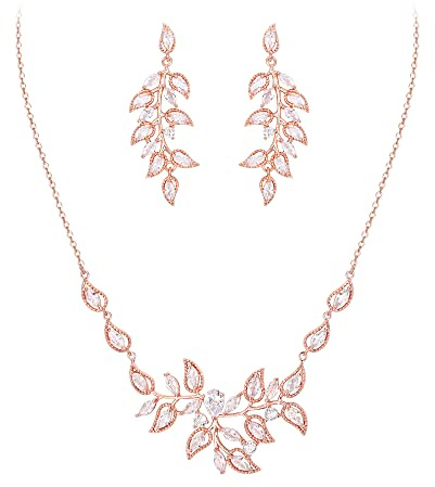 EleQueen Hochzeit Schmuck Sets für Braut Brautjungfer Frauen, CZ Marquise Blatt Floral Bridal Halskette Ohrringe Set Party Prom Modeschmuck Geschenke Weiß Rose Gold-Ton Weiß Rose Gold-Ton