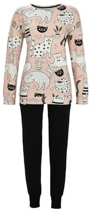 Ringella Damen Pyjama aus Reiner Baumwolle – Rundhals, Langarm, Hose mit elastischem Dehnbund & Taschen, Katzen-Print, weich & hautfreundlich