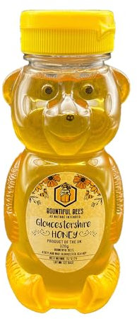 100% Pure Raw British Honey 320g Bear Bottle – Unpasteurised, Natural & Lightly Filtered – From Gloucester/Gloucestershire & the Cotswolds – Fun Gift Idea for Families – Bountiful Bees
