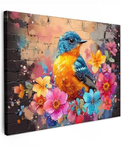 MuchoWow© Bild auf Leinwand Schlafzimmer Bilder Badezimmer Wand Deko | 40x30 cm - Wohnzimmer Modern Wanddeko Bilderwand Geschenk Graffiti - Vogel - Blumen - Straßenkunst