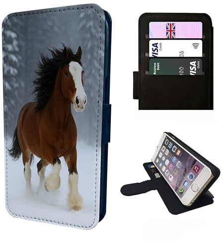 Brown Snow Horse Wallet Phone Case Flip Cover Compatible with iPhone SE 7 8 X XR 11 12 13 14 15 16 16E Plus Mini Pro Max – Faux Leather Beautiful Horse Print, Equestrian Gift