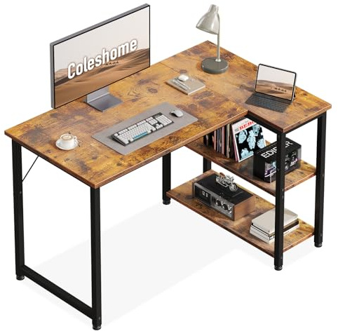 Coleshome Bureau Gaming, 100x70cm Bureau d'angle avec étagère de Rangement Réversible, Bureaux en L Peu Encombrant, Adapté comme Bureaux pc dans Les Coins Familiaux, Marron