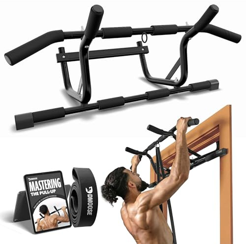 DMoose Fitness Pull Up Bar for Doorway - No Screwing or Slipping, Hanging Pullup & Chin Up Bar for Door Frame - Multi Padded Grips for Strength Training with Installation Guide