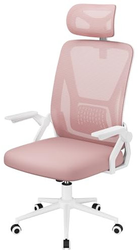 naspaluro Computer Desk Chair, Ergonomic Office Chair with Flip-up Armrests, Mid-Back Mesh Chair with Headrest, Home Office Chair-Pink