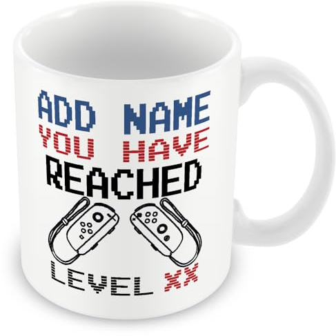 MUGGZ -Birthday Personalised Gamer Mug (11oz) Switch Style - You Have Reached Level Custom LevelUp Mug Gift for Men/Women- Any Age or Name - Novelty Video Game Controller Design Gifts for Him or Her