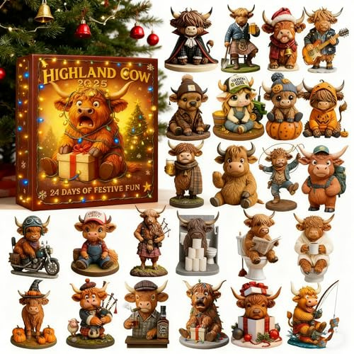 Highland Cow Adventskalender 2025 | bezaubernden Hochlandkuh-Figuren | 24-tägiger 2D Weihnachtskalender mit aufhängbaren Hochlandkuh-Figuren | Dekorations-Set für Baum, Fenster & Zimmer