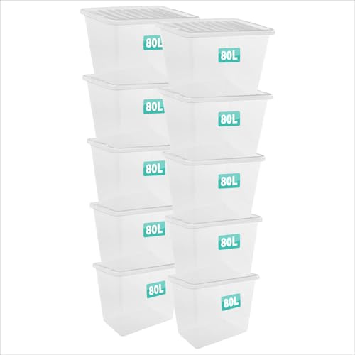 Optimal Products 10 x 80 Litre Clear Plastic Storage Box With Lids UK BRITISH MADE Home Office Stackable Nestable Transparent Plastic Boxes, Size 5,11,24,28,35,45,62 Litre
