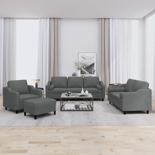 HETFTJN 4-teilige Wohnlandschaft 198×77×80 cm dunkelgrau Stoff+Metall+Sperrholz mit Hocker & Kissen