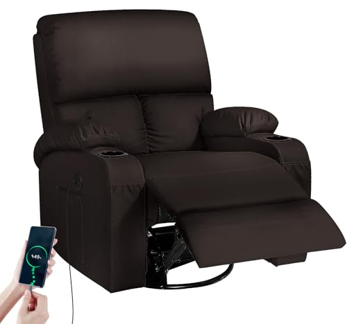 Schaukelstuhl mit Relaxfunktion, Massagesessel mit Vibration und Wärme, USB- und Type-C-Anschlüsse, 360° Drehbarer Kunstledersessel für Wohnzimmer, Schlafzimmer, Kinderzimmer, Wohnmobil, Braun
