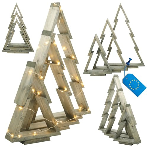 MODO24 Weihnachtsbaum Holz Set 3D, 3er-Set Holztannenbäume: 43x30 / 59,5x39 / 75,5x48 cm, Weihnachtsdeko aus FSC Kiefernholz, Deko-Christbäume für Innen & Außen, Handgefertigt, Grün imprägniert