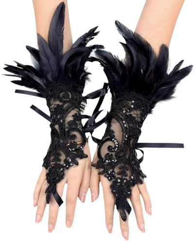 Singel-Damen Schwarz Feder Spitze Fingerlose Lange Handschuhe für Hochzeit Karneval Maleficent Kostüm