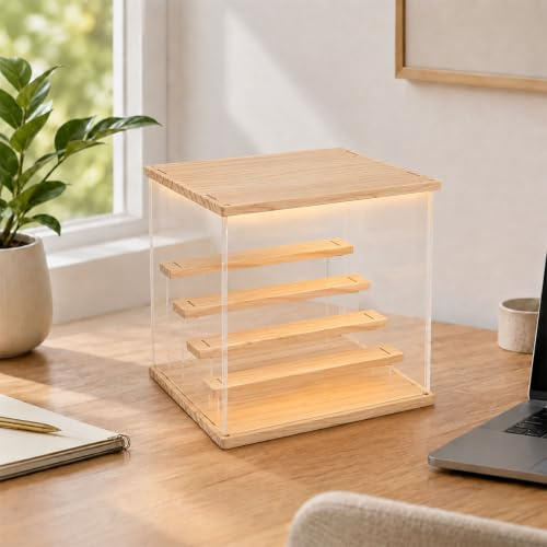 Acryl Vitrine Schaukasten mit LED 3/4/5 Stufen Staubschutz Schaukasten, Hochtransparente Display Case Box für Sammlerstücke, Figuren, Collectibles, Modellautos (33.4 x 32 x 32 cm)