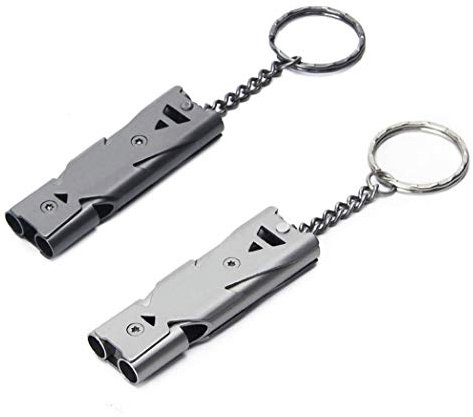 Sunerly en acier inoxydable Lot de 2 Sifflet de secours double tubes haute Decibel extérieur de survie de signal pour la sécurité prolongée d'économie d'Porte-clés pour camping/randonnée