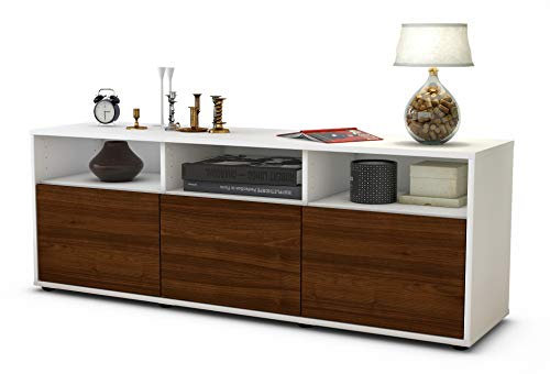 Stil.Zeit TV Schrank Lowboard Andrina, Korpus Weiss matt, Front Holz Design Walnuss (135x49x35cm), Push to Open Technik