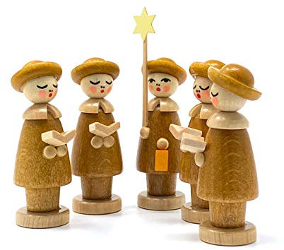 Drechslerei Friedbert Uhlig, Miniatur, Kurrende Nr. 05KB, braun gebeizt, 5 Figuren, 5 cm hoch, aus regionalem Holz gedrechselt, echte Handarbeit aus dem Erzgebirge, Weihnachten, Holzkunst, Echtholz