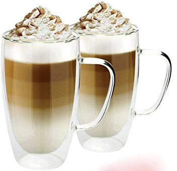 ADEPTNA Pack of 2 Large 450ml Double Wall Coffee Mugs- Dishwasher Safe - Clear Exclusive and Insulated Double Layer Thermo Glass with Handle - Idea Gift for Xmas or Any Occasions