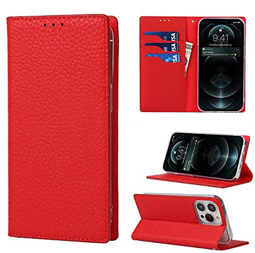 Copmob Case Compatible for iPhone 13 Pro,Premium Genuine Leather Flip Wallet Case,[3 Card Slots][Magnetic Closure][RFID-Blocking],Protective Case Cover for iPhone 13 Pro - Red