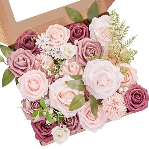 Serwalin Fleurs artificielles rose poudré pour bouquets de mariage, roses en mousse de soie, centres de table, arrangements de fête, fête prénatale, décoration de gâteaux