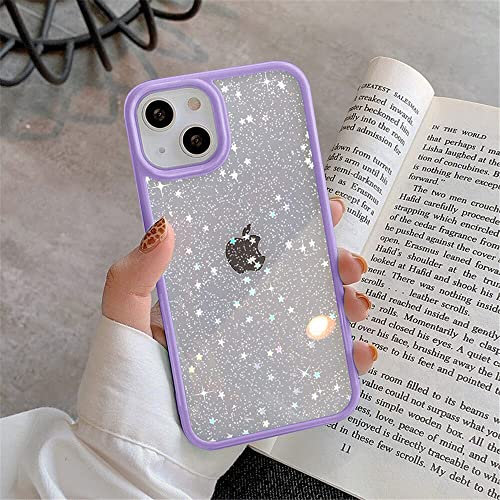 OWM iPhone 13 Case Clear Back Glitter Bling Star Sparkly Bumper Crystal Shockproof Silicone Slim Phone Cover Women Girls Case for iPhone 13 (Lilac)