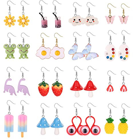 LOLIAS 16 Paar Süße Harz Tropfen Ohrringe Set für Frauen Mädchen - Edelstahl Kawaii Pilz Erdbeere Fisch Blume Schmetterling Baumelnde Aesthetic Bulk
