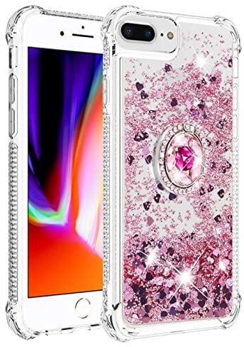 nincyee Shockproof Case for iPhone 8 Plus,Glitter Bling Shine Diamond Heart Rainbow Quicksand Transparent Tpu Shell with Rotating Finger Ring Kickstand