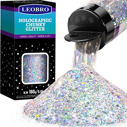 LEOBRO Holografischer Silber Glitzer, Klobig Glitzer, 160 G/5,64 Oz, Glitzer Basteln