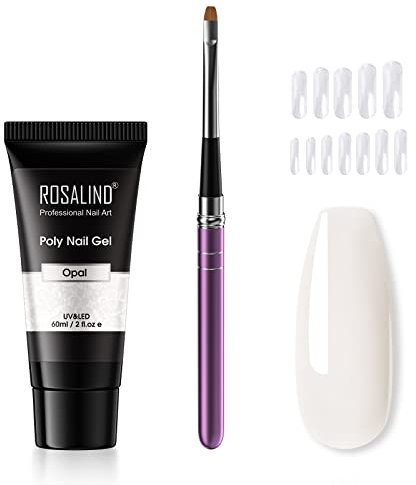 ROSALIND Gelnägel Starterset, Weiß Poly Nagel Nagelverlängerung Gel mit Nagelbürste, Nägel Tipps 60ml White UV/LED Nagellack Acrylgel Nail Extension Gel Maniküre Set DIY at Home