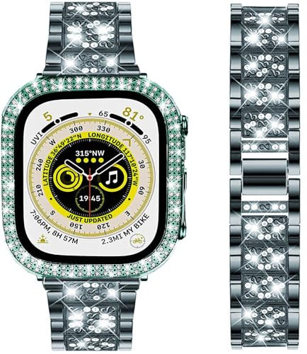 DEALELE Bands and Case Compatible with Apple Watch Series 6/5 / 4 / SE (40mm), Bling S-Texture Diamond Metal Strap with Protective Case Cover Replacement for iWatch 40mm Women Men (Green)