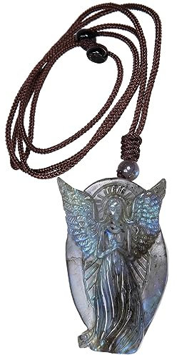 Nupuyai Angel Labradorite Crystal Stone Necklace for Women Men, Natural Carved Stone Pendant with Adjustable Rope