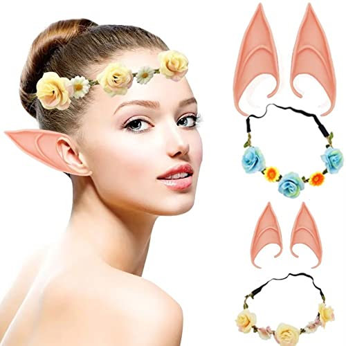 FOLANDO Elfenohren Set, 2 Paar Latex Elfenohren & 2 Blumenkranz Haar, Fee Kobold Wichtel Elfenohren Spitzohren für Cosplay Halloween Karneval Fasching, Partydekorationen Cosplay Zubehör