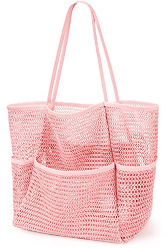 KPX Netz-Strandtasche, Tragetasche für Damen, groß, faltbar, Netz-Schwimmtasche mit Taschen, sanddicht, wasserdicht, Pink, Large
