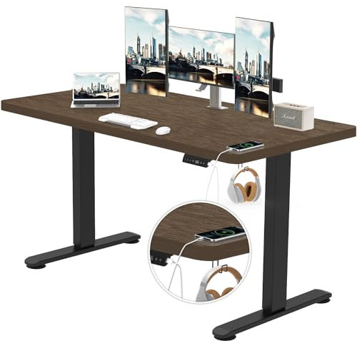 TRIUMPHKEY Höhenverstellbarer Schreibtisch 160x80cm mit USB Ladeanschluss, 3 Memory-Steuerung Höhenverstellbarer Schreibtisch Anti-Kollisions-System Verstellbarer Computertisch Gestell Walnuss