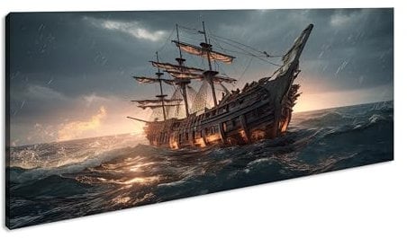 Ein großes Segelschiff segelt in die mondhelle Nacht Panorama 80x40cm XXL Kunstdruck Motiv auf Holzrahmen/Leinwandbild/Wandbild/Wohnzimmer Dekoration