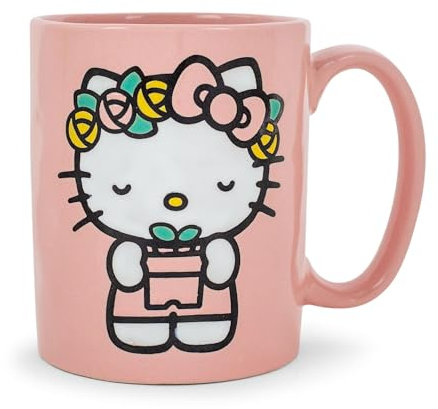 Toynk Sanrio Hello Kitty Flower Badge Wax Resist Ceramic Pottery Mug | Holds 18 Ounces