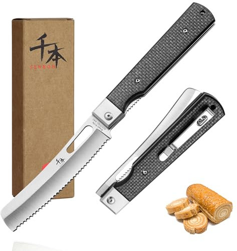SENBON Couteau à Pain de Camping en Acier Inoxydable - Pliant, Portable, Tranchant Japonais - Pour Pâtisserie et Voyage - Fibre de Carbone