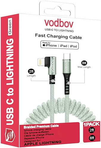 VODBOV Coiled Cable Right Angle USB-C to Lightning 2ft- 8ft Elbow Reinforced Cable [MFi Certified] (Sage)…