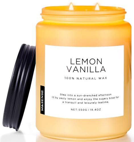 M&SENSE Kerzen Zitrone Vanille duftend, 550g 110 Stunden lang anhaltende Kerzen für Zuhause, 2 Docht natürliche Soja-Kerzen im Glas, Stress Relief Kerze Geschenke für Frauen und Männer