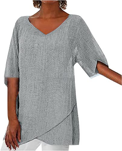 Maglietta Donna Lunghe Lino, Camicia in Classico e Lino Donna Vintage Oversize a Maniche Corte Scollo V con Volant Elegante Casual Tops Tinta Unita Camicetta Sciolto Maglietta Estate e Confortevole