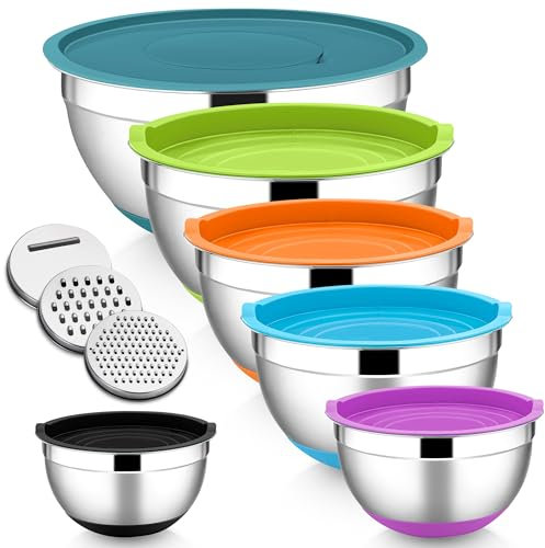 HaWare Juego de 6 cuencos para mezclar, de acero inoxidable, con tapa hermética y 3 accesorios ralladores, 4,6 l, 2,8 l, 2,5 l, 1,6 l, 1,2 l, 0,7 l, base de silicona antideslizante y apto para